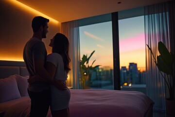 A couple in a sleek bedroom uses a smart home app to adjust the lighting and thermostat, creating a serene and comfortable setting with smart technology.