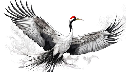 Crane bird during flight isolated on white background 