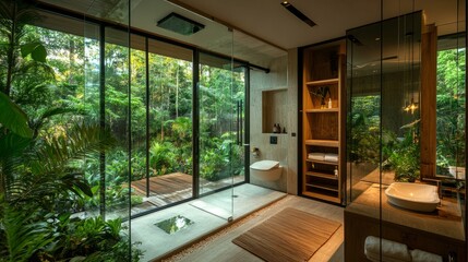 Open-concept bathroom with a large glass-enclosed shower, wood accents, and plenty of greenery for a nature-connected design