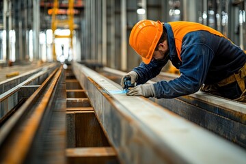 Construction Worker Inspecting Steel Beams with a Measuring Tool