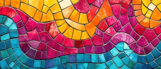 Fototapeta premium Background with colorful, irregularly shaped mosaic tiles in bright, vivid tones like magenta, turquoise, and orange, arranged in a swirling pattern.