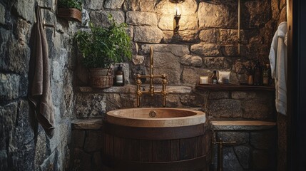 Rustic bathroom design featuring stone walls, a wooden sink, and brass fixtures, creating a cozy, nature-inspired atmosphere