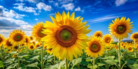 Obraz premium A vibrant field of bright yellow sunflowers with tall stalks and fluffy petals sways gently in the summer