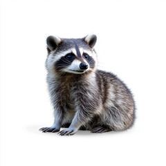 Fototapeta premium Adorable baby raccoon sitting against a white background, showcasing its fluffy fur and curious expression.