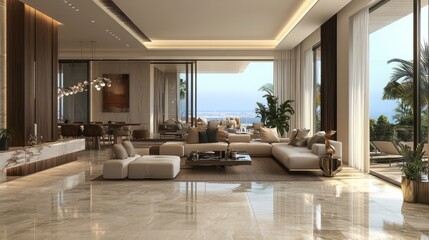 Spacious living room with custom-built furniture, high ceilings, and sleek marble floors, offering a luxurious and open feel.