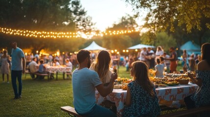 American celebration in a local park, with families enjoying games, live music, and traditional food in a festive outdoor setting
