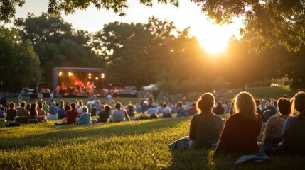 American culture and traditions during the Fourth of July, capturing a community concert in a park with patriotic songs and dances