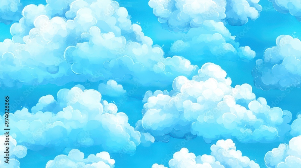 Wall mural Cartoon-style seamless pattern of fluffy white clouds on a bright blue sky background. Perfect for playful or children's designs.