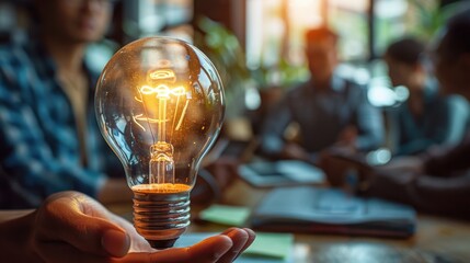  A glowing light bulb creative idea with blurred business team working together for a new start up project at business workspace office background.