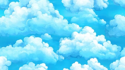 Cartoon-style seamless pattern of fluffy white clouds on a bright blue sky background. Perfect for playful or children's designs.