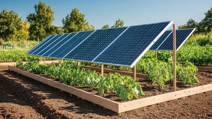Community garden with solar-powered irrigation, symbolizing eco-conscious farming and sustainable resource management