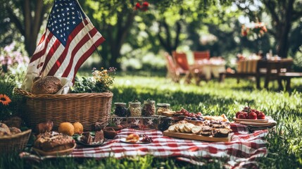 American spirit on display during an outdoor picnic, with a large American flag as the centerpiece, surrounded by festive decorations