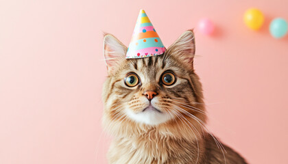 Adorable tabby cat wearing birthday hat posing on pink background