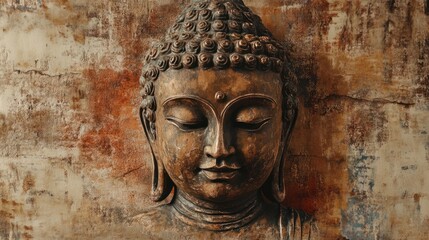 Antique style Buddha painting with a vintage look, using earthy tones and aged textures, reminiscent of old sacred manuscripts