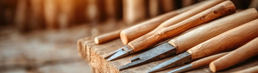 Homemade wooden tools arranged neatly in a rustic outdoor workshop, reflecting frugality and connection to nature