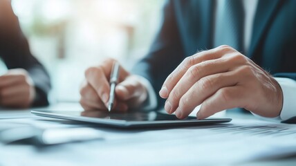 A businessman uses a tablet for work, showcasing modern technology and professionalism in a corporate environment.