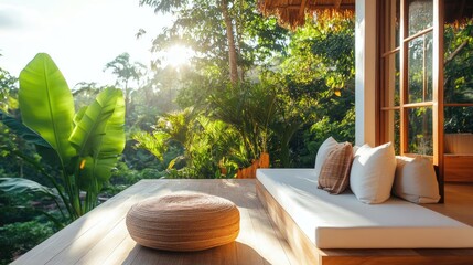 Fototapeta premium Minimalist outdoor seating area made from natural materials, blending seamlessly with a lush green forest, representing balance and simplicity
