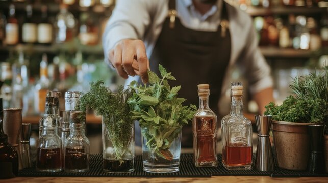 Artisanal cocktails crafted with care, showing a bartender carefully preparing a cocktail with fresh herbs, homemade syrups, and a variety of high-quality spirits