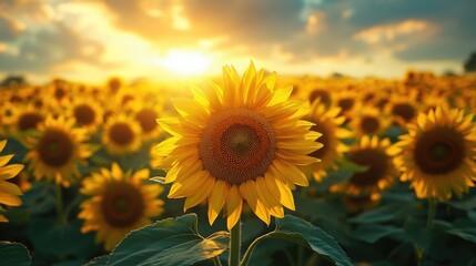 Fototapeta premium A Stunning Bright Sunflower Field in Full Bloom Ideal for Nature-Lovers and Photographers Seeking Vibrant Imagery for Various Projects