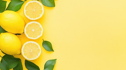 Fresh lemons and leaves on a bright yellow background. Vibrant citrus concept for health and freshness.