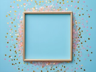 abstract pastel sparkles confetti and frame a blue colored background