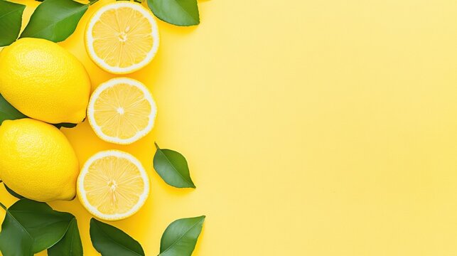 Fresh lemons and leaves on a bright yellow background. Vibrant citrus concept for health and freshness.