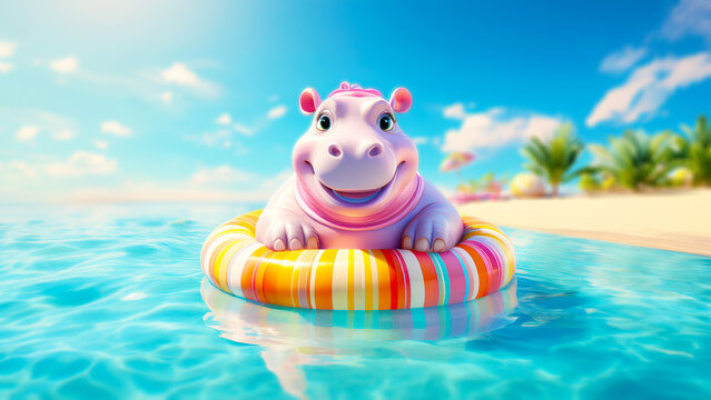 Baby pink hipo with large eyes and smile expression on a colorful striped pool float on a water with beach background. Generative AI Technology