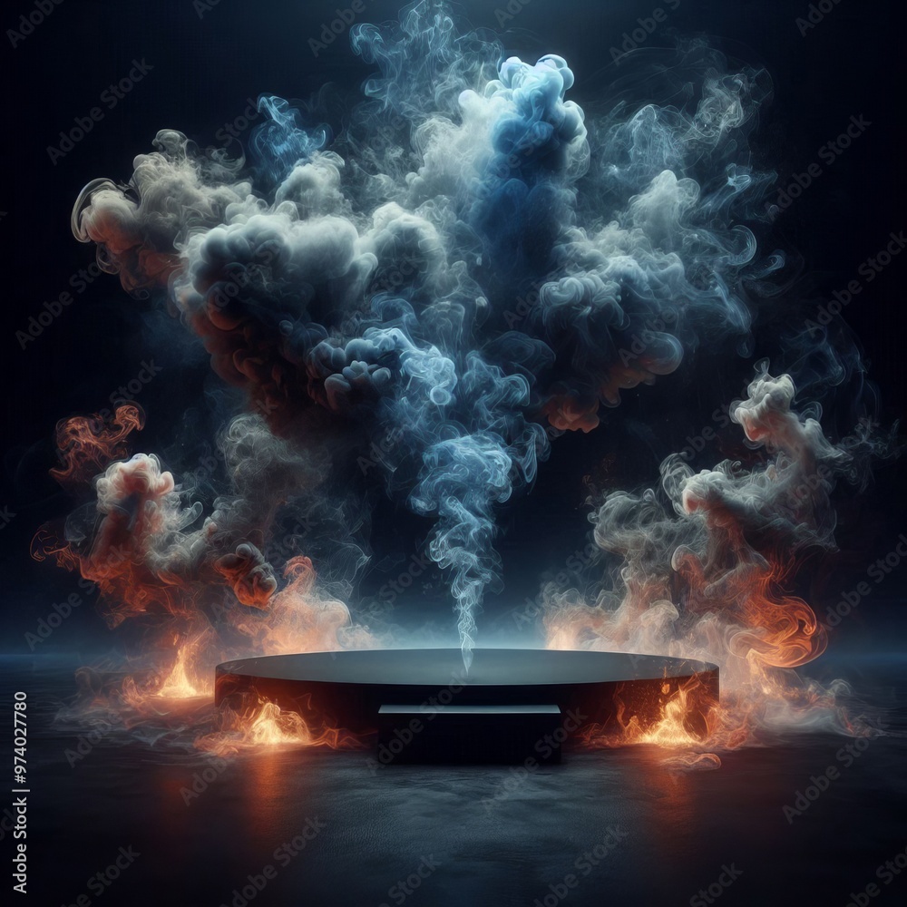 Wall mural a 3d render of a black podium with dramatic scene of fire and smoke rising