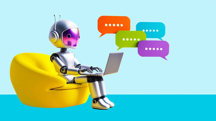 Obraz premium Robot engaged in an online chat sitting on a bright yellow, modern armchair with light blue background. Generative AI Technology 
