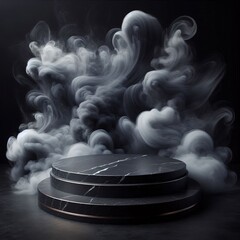 A 3D render of a black stone podium with dramatic scene of white smoke rising up