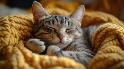 Close-Up of a Cat Sleeping on a Cozy Blanket Capturing Peaceful Moments for Pet Lovers