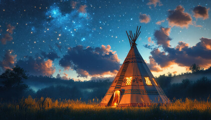 Native american teepee standing under a starry night sky in the prairie