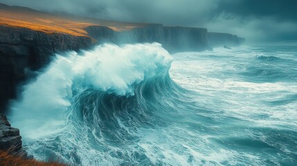 Dramatic waves crashing against rugged cliffs under a stormy sky.