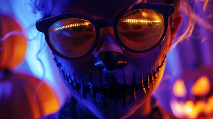 Close-up of a person with spooky Halloween makeup and glowing glasses