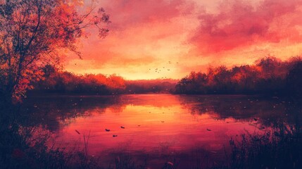 Autumn sunset over a lake, with the sky painted in warm hues of pink and orange, and silhouettes of trees with colorful foliage