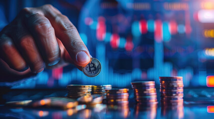 Businessman's Hand Pointing at a Growing Business Growth Graph with Stack of Coins and Holographic Virtual Screen Displaying Financial AI Technology Concept, Symbolizing Market Trends and Data Insight