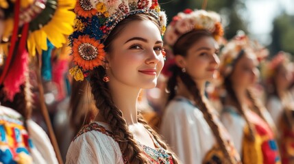 Beautiful women in national dresses, participating in a cultural festival, surrounded by traditional decorations and music