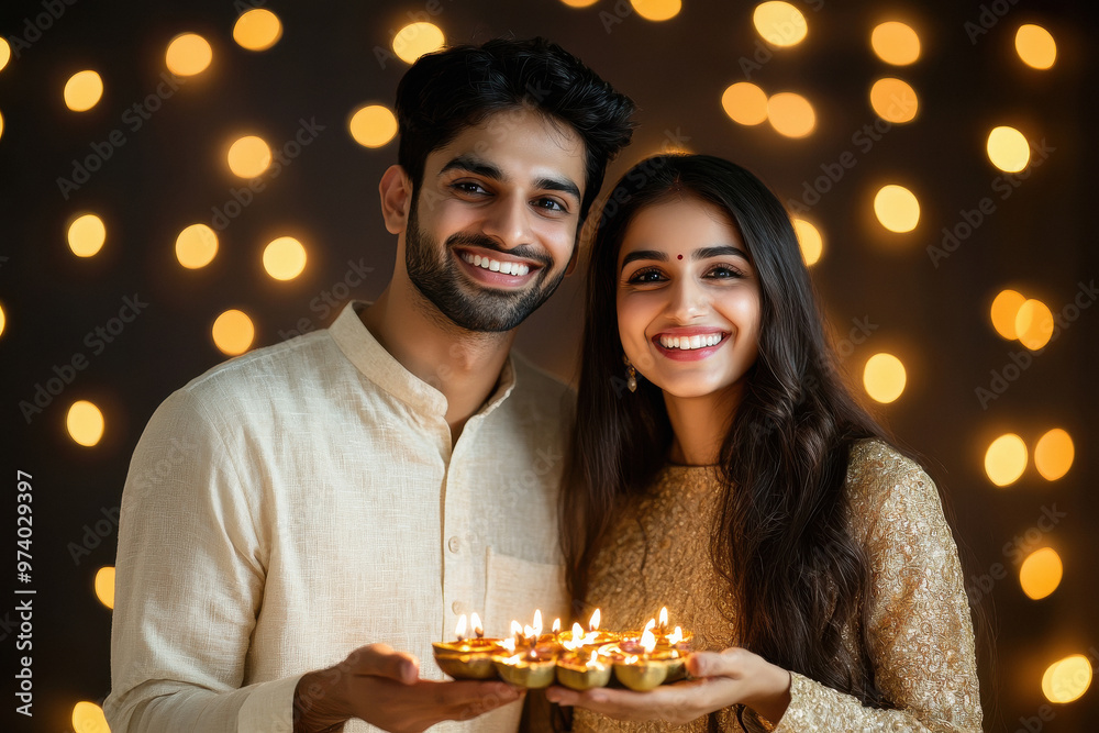 Sticker young indian couple celebrating diwali holding plate of diya