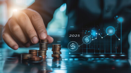 Businessman's Hand Pointing at a Growing Business Growth Graph with Stack of Coins and Holographic Virtual Screen Displaying Financial AI Technology Concept, Symbolizing Market Trends and Data Insight