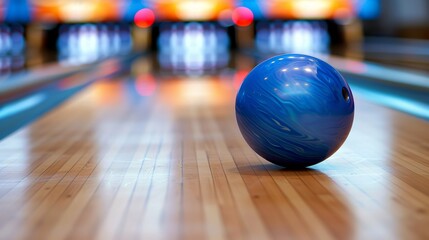 Lively bowling alley adorned with colorful neon lights and an eye catching blue bowling ball