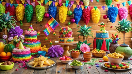 A vibrant Mexican celebration unfolds with colorful piñatas, confetti, and festive decorations surrounding a delicious