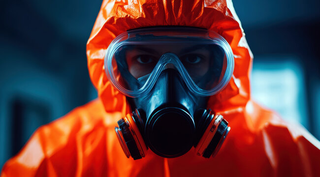 A person in a hazmat suit is wearing a gas mask - Powered by Adobe