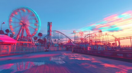 Obraz premium A majestic suspension bridge arches over a bustling city skyline, its lights reflecting on the tranquil water below as a ferris wheel twirls against the vibrant dusk sky