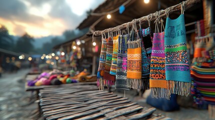 Naklejka premium Rural market scene with vibrant textiles hanging on display