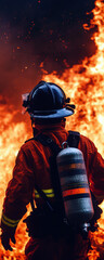A firefighter is standing in front of a burning building