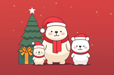 Christmas Tree,  Cartoon bears, Santa hat, presents and gifts against a red background. Merry Christmas!
