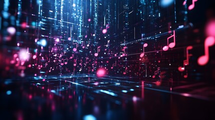 Fototapeta premium A modern 3D display of holographic music notes hovering in a dark, minimalistic space, with vibrant colors and dynamic lighting creating a sleek, high-tech atmosphere 