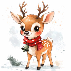 cute christmas reindeer in watercolor, isolated on white background, generated ai