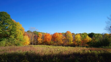 Bright foliage under a clear blue sky, vibrant greens and yellows, expansive view