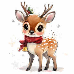 cute christmas reindeer in watercolor, isolated on white background, generated ai